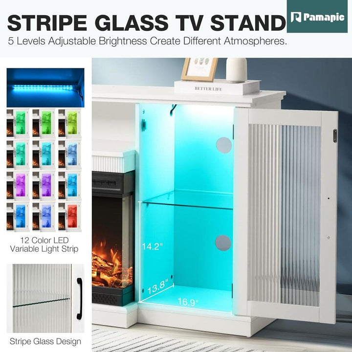 Pamapic 3-Sided Glass Electric Fireplace TV Stand with 12-Color LED & Stripe Glass Door