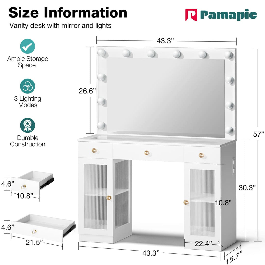 Pamapic Makeup Vanity Desk with Mirror & 12 LED Bulbs