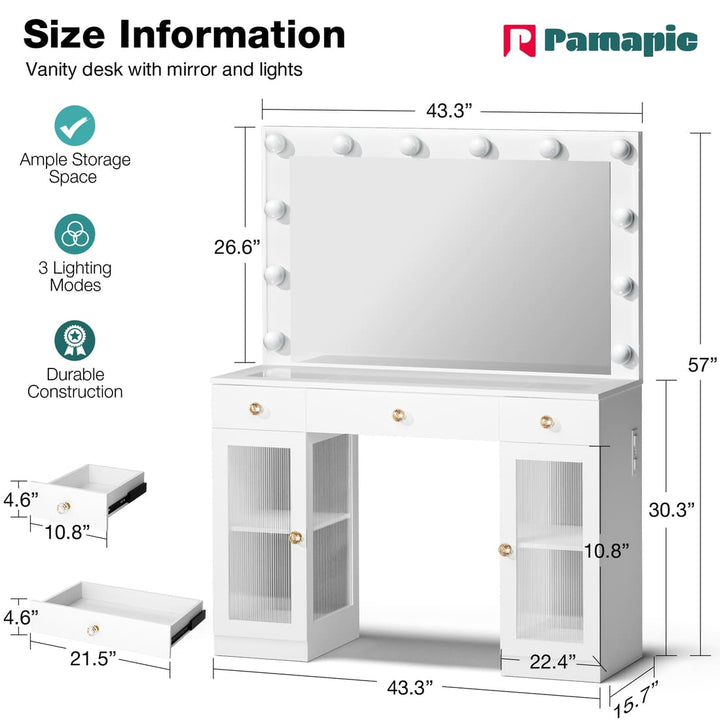 Pamapic Makeup Vanity Desk with Mirror & 12 LED Bulbs