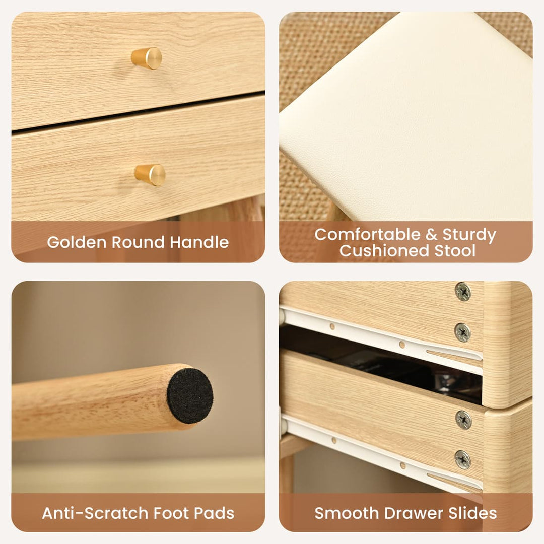 Small Makeup Vanity Desk with Round LED Mirror, Cushioned Stool& 2 Drawers