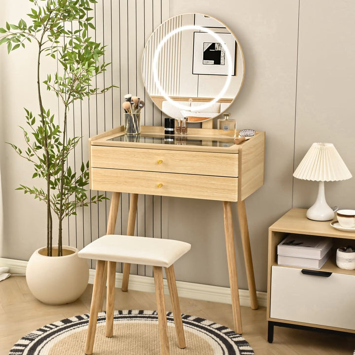 Small Makeup Vanity Desk with Round LED Mirror, Cushioned Stool& 2 Drawers