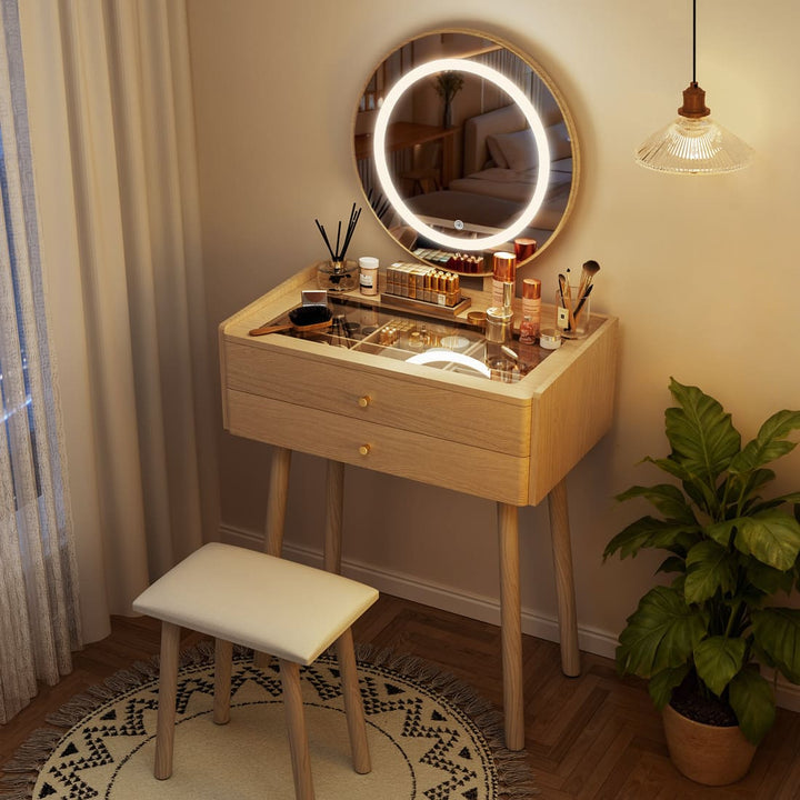 Small Makeup Vanity Desk with Round LED Mirror, Cushioned Stool& 2 Drawers