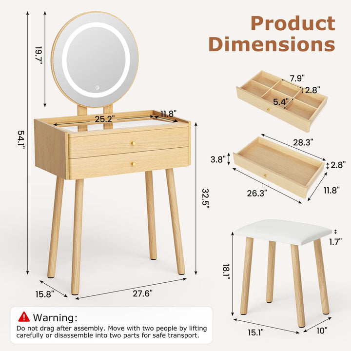 Small Makeup Vanity Desk with Round LED Mirror, Cushioned Stool& 2 Drawers
