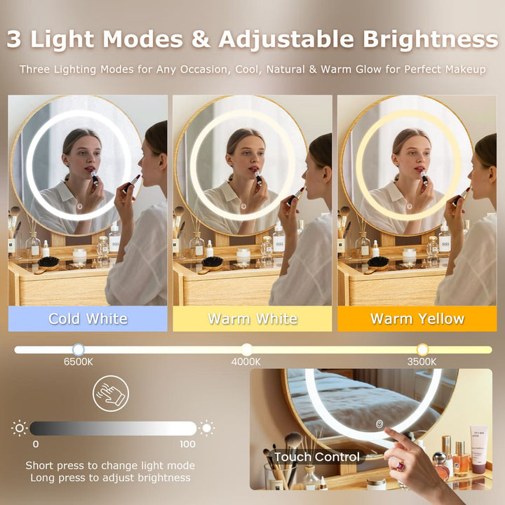 Small Makeup Vanity Desk with Round LED Mirror, Cushioned Stool& 2 Drawers