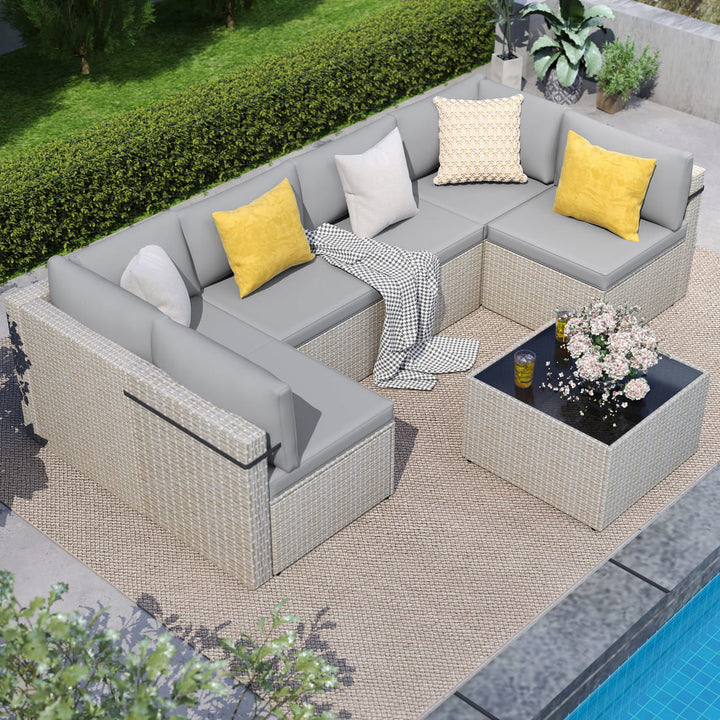 Pamapic Rattan Outdoor Sectional Couch Set  (7 Pieces)