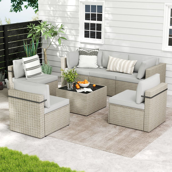 Pamapic Rattan Outdoor Sectional Couch Set  (7 Pieces)