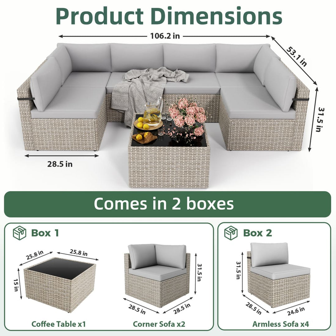Pamapic 7-Piece Rattan Outdoor Sectional Sofa Set for Poolside, Backyard, Deck