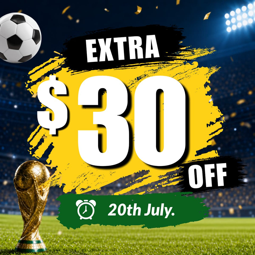 Promotional offer for an extra $30 off with a soccer ball and trophy on a stadium background.