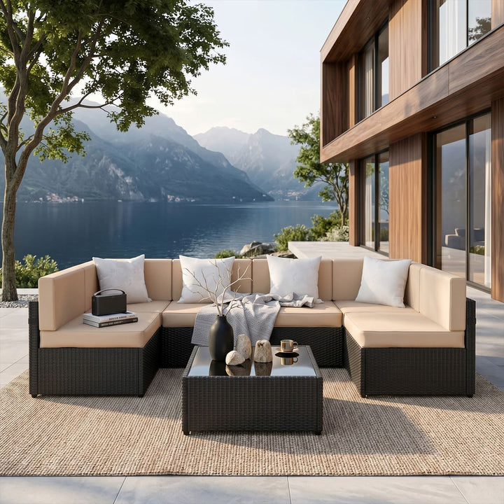 Pamapic Rattan Outdoor Sectional Couch Set  (7 Pieces)