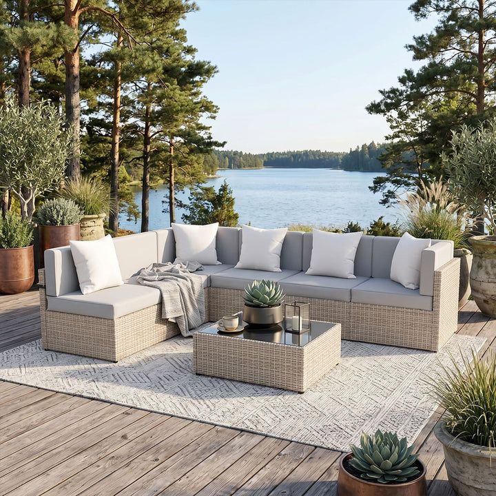 Pamapic Rattan Outdoor Sectional Couch Set  (7 Pieces)