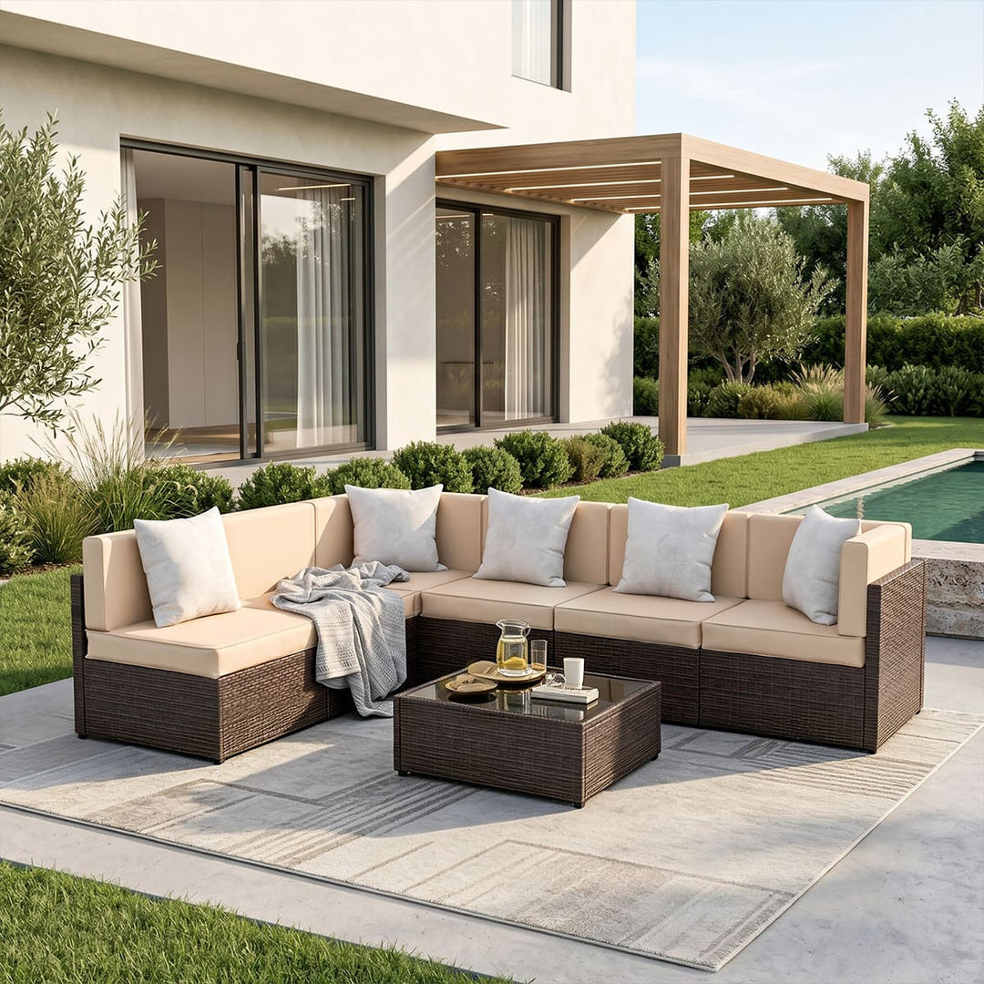 Pamapic Rattan Outdoor Sectional Couch Set  (7 Pieces)