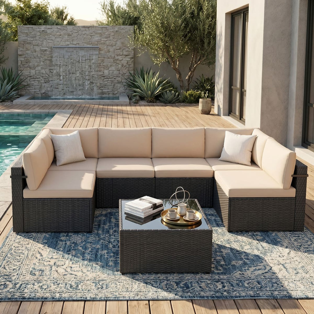 Pamapic Rattan Outdoor Sectional Couch Set  (7 Pieces)