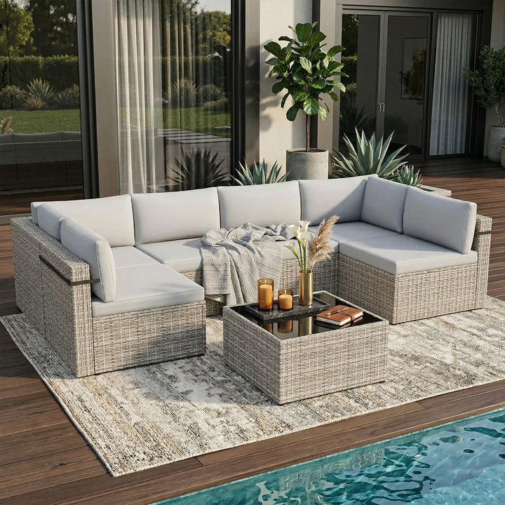 Pamapic Rattan Outdoor Sectional Couch Set  (7 Pieces)
