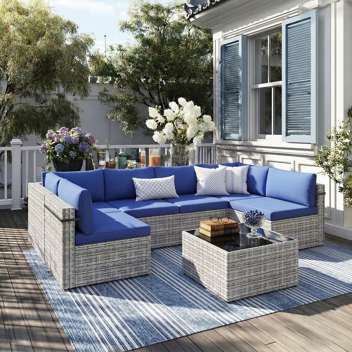 Pamapic Rattan Outdoor Sectional Couch Set  (7 Pieces)