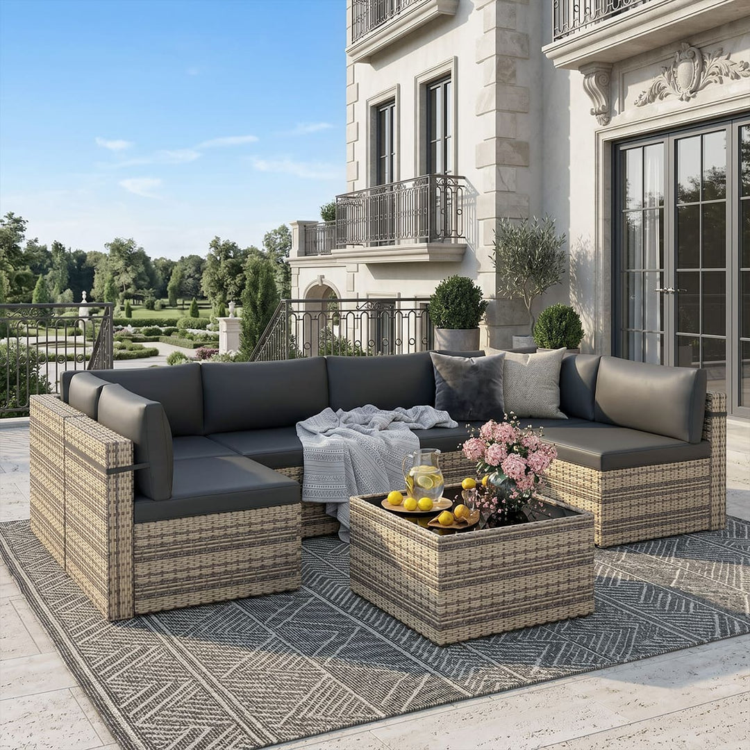 Pamapic Rattan Outdoor Sectional Couch Set  (7 Pieces)