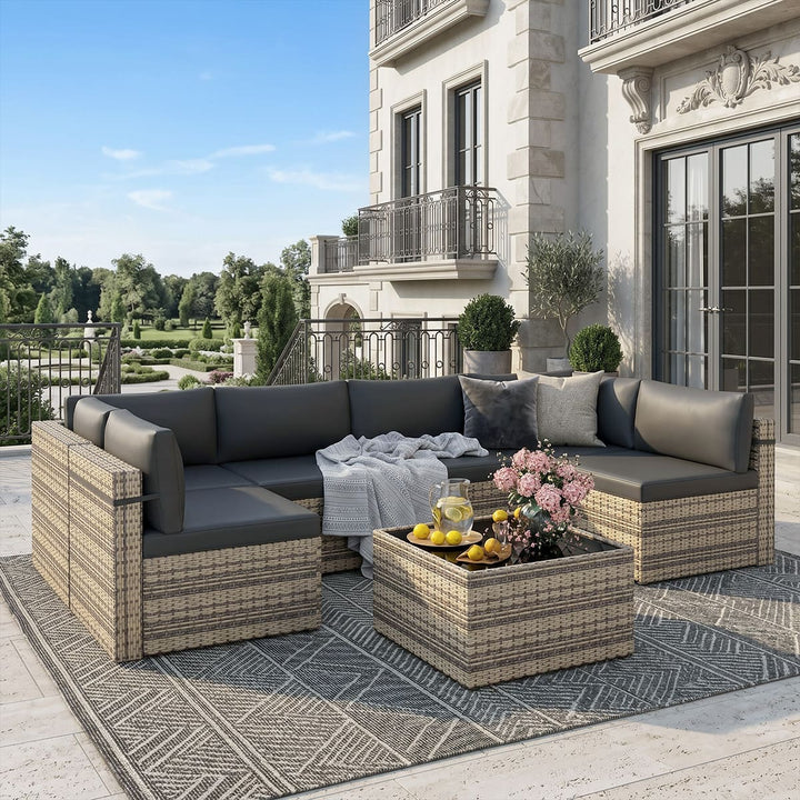 Pamapic Rattan Outdoor Sectional Couch Set  (7 Pieces)