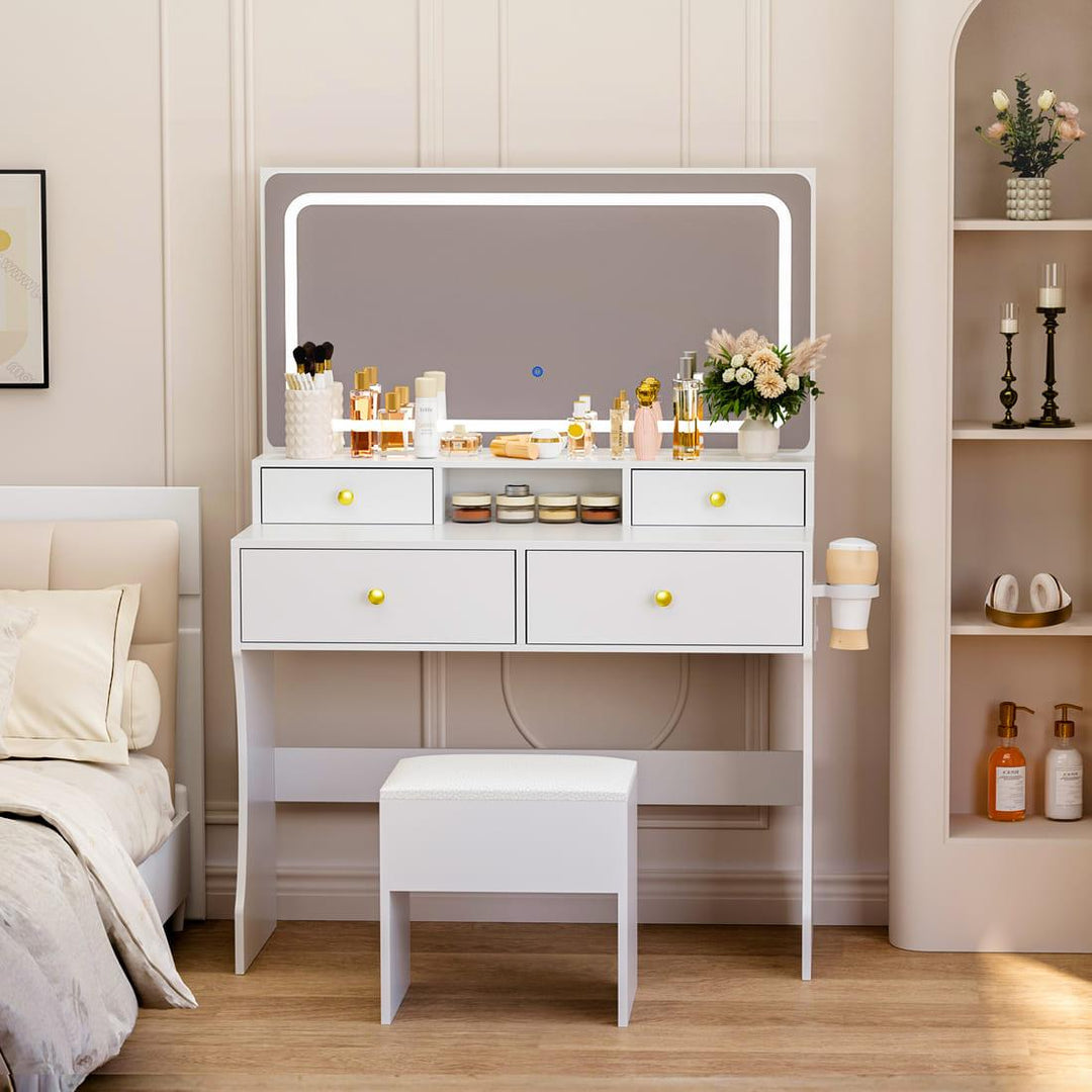 Space-saving storage stool tucked under vanity desk