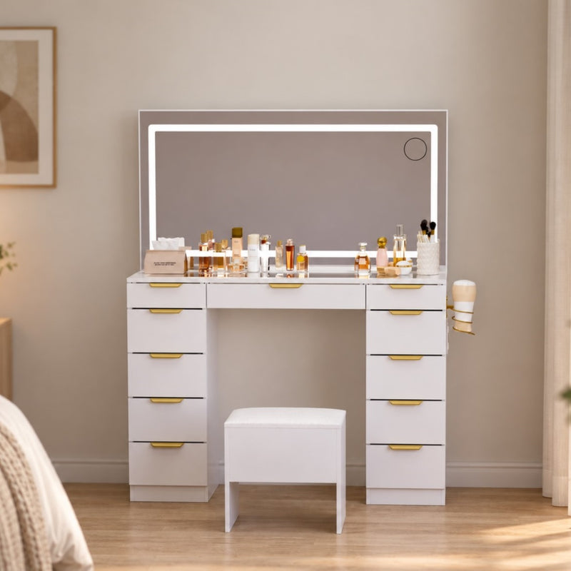 11-Drawer Vanity Desk – Gold Handles