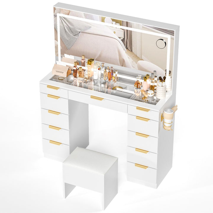 11-Drawer Vanity Desk with Gold Handles, Glass Top & LED Mirror